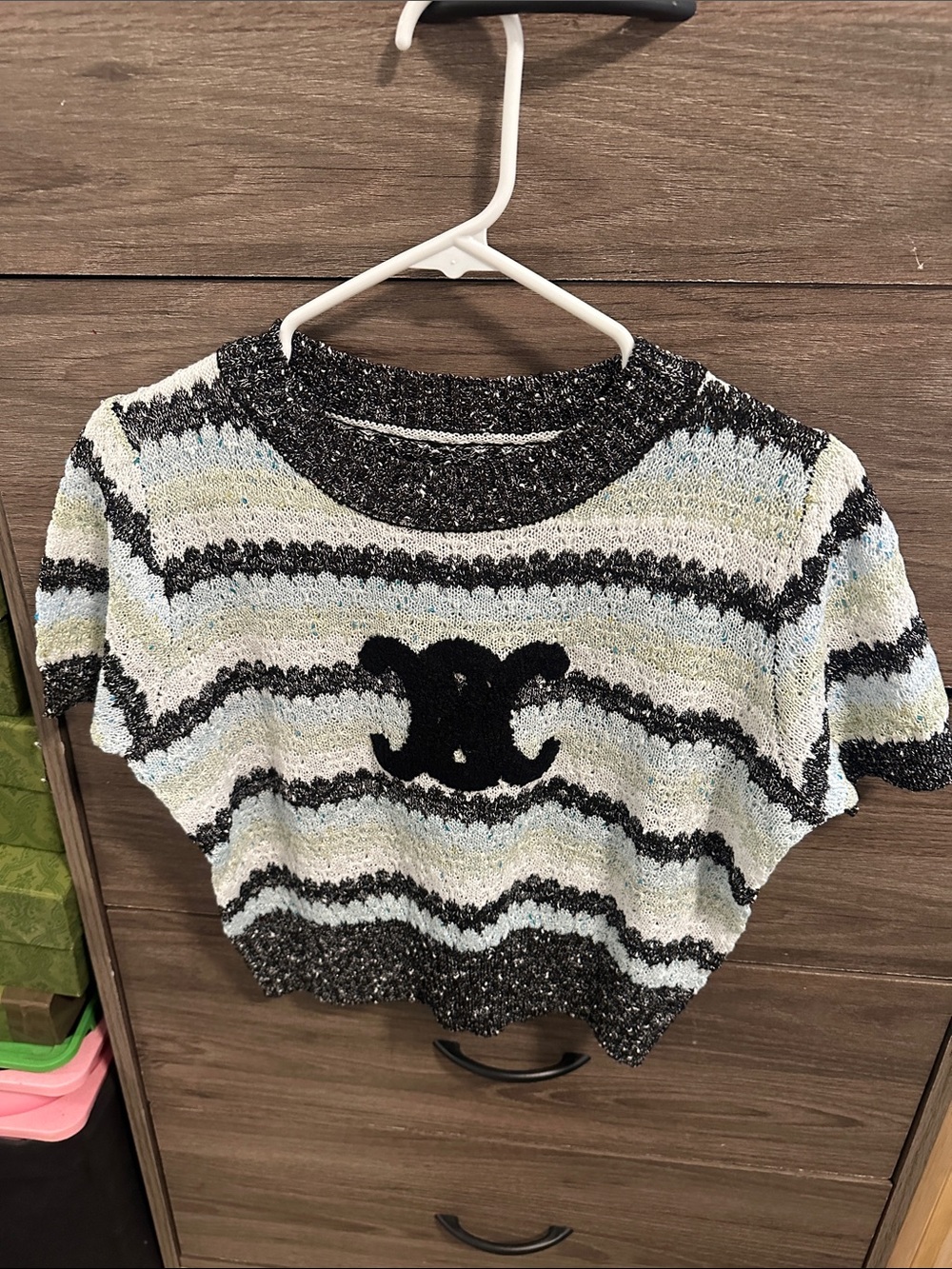 Striped Cropped Knit Top with Center Emblem - Black, Cream & Pastel size S